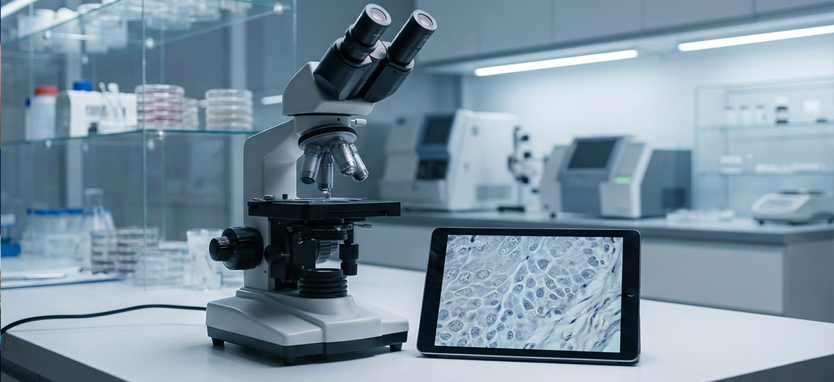 Microscópio em laboratório veterinário analisando amostra de pele, representando o diagnóstico por biópsia de pele em pets.