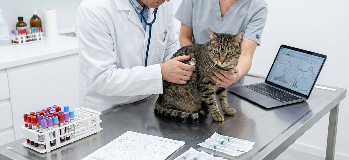 Consulta endocrinológica veterinária em São Paulo, com médico-veterinário examinando um gato durante avaliação clínica e análise de exames hormonais.