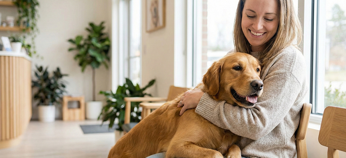 Tutora segurando cachorro saudável após atendimento veterinário especializado, demonstrando bem-estar e qualidade de vida do pet.