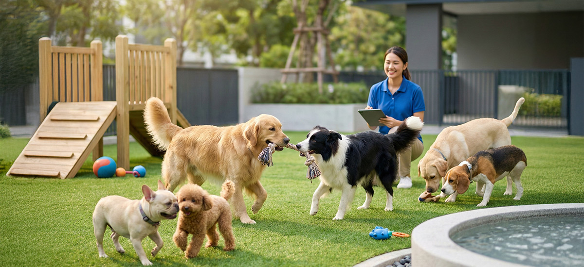 Cães de diferentes raças brincando ao ar livre em um day care para pets, com acompanhamento profissional e ambiente seguro e estruturado.