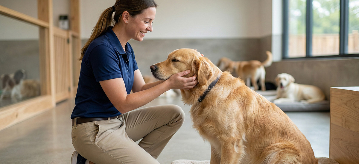 Profissional cuidando de um cachorro em ambiente de day care para pets, reforçando atenção, carinho e segurança durante a estadia.