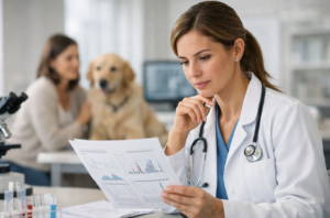 Exames Laboratoriais Veterinários Avançados. Imagm de uma jovem veterinária observando os resultados de um exame em uma clinica veterinária moderna. Ao fundo, em desfoque está uma veterinária examinando um Golden Retriever