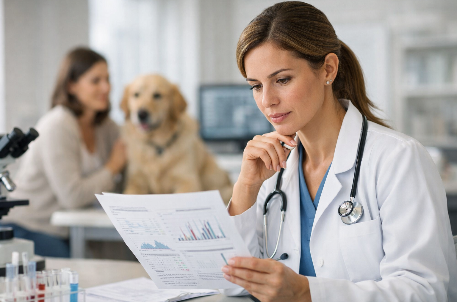 Exames Laboratoriais Veterinários Avançados. Imagm de uma jovem veterinária observando os resultados de um exame em uma clinica veterinária moderna. Ao fundo, em desfoque está uma veterinária examinando um Golden Retriever