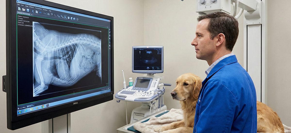 Exame de raio-X em cachorro realizado antes de cirurgia, com veterinário avaliando imagem para planejamento pré-cirúrgico