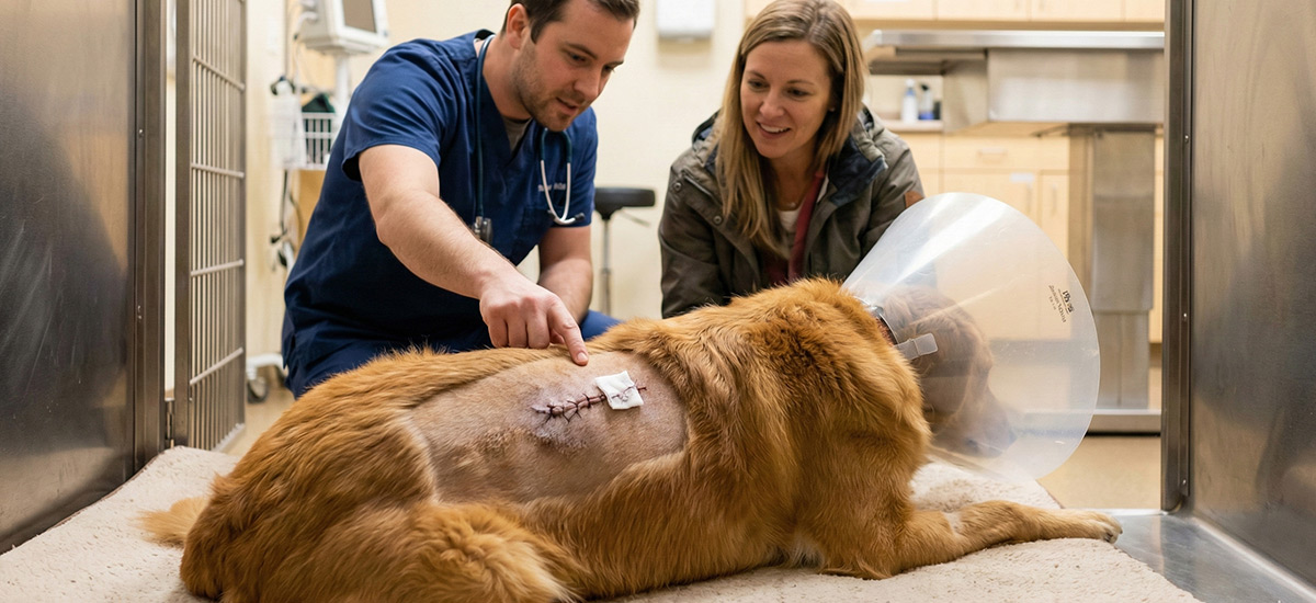 Cão em recuperação após sutura veterinária, com área raspada ampla e pontos cirúrgicos, sendo avaliado por médico-veterinário ao lado do tutor em ambiente hospitalar.