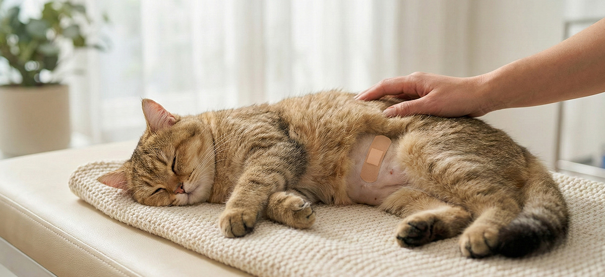 Gato em recuperação após procedimento veterinário minimamente invasivo, deitado tranquilamente com pequeno curativo abdominal.