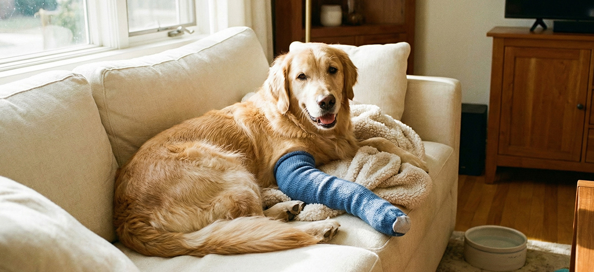 ão em recuperação pós-cirúrgica descansando no sofá de casa, com curativo na pata, em ambiente calmo e confortável.