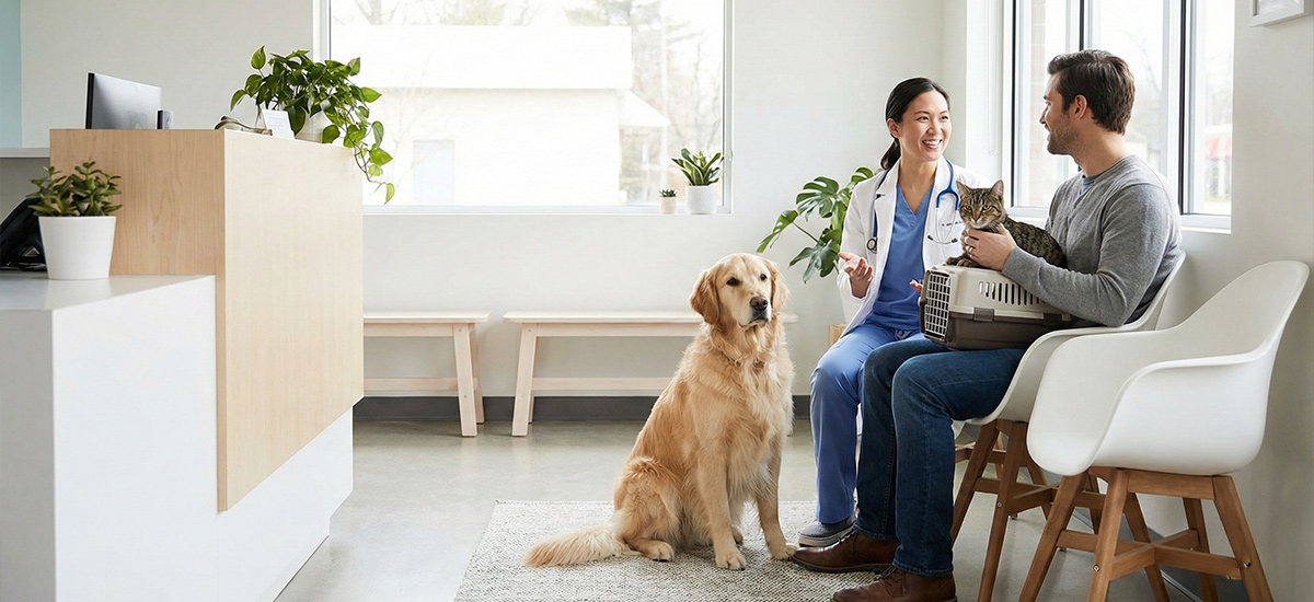 Médica-veterinária conversando com tutor em clínica veterinária moderna, com cão e gato, em atendimento calmo e acolhedor.