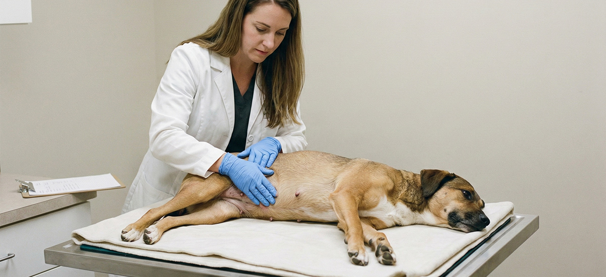 Veterinária realizando avaliação abdominal em cadela fêmea deitada sobre mesa clínica, em ambiente veterinário limpo e seguro, durante preparo para cirurgia de castração.
