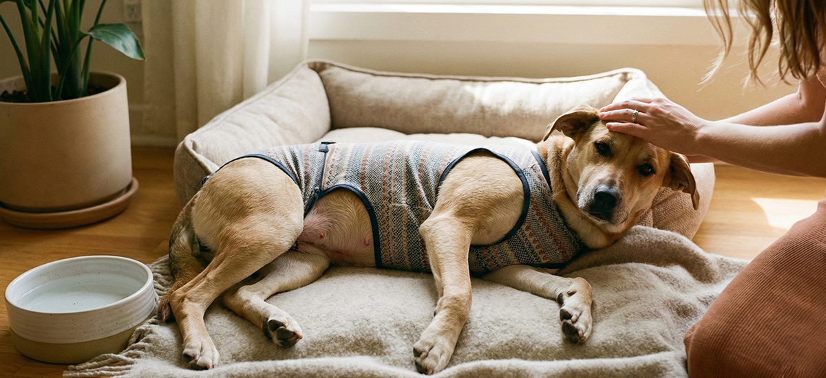 Cadela fêmea em recuperação após castração, usando roupinha cirúrgica e descansando em ambiente doméstico tranquilo, recebendo carinho da tutora.