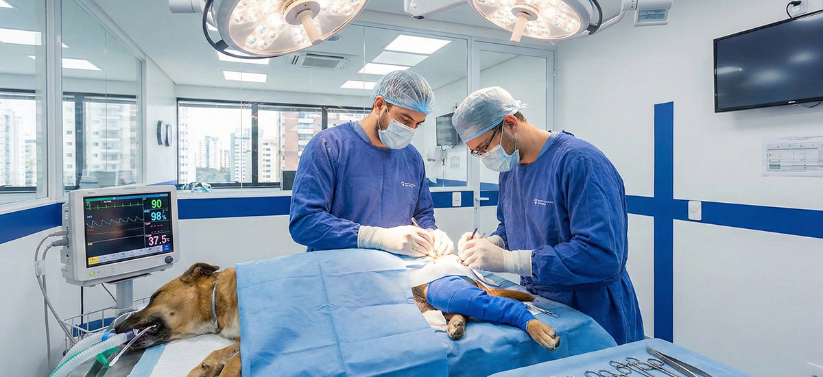 Cirurgia ortopédica veterinária em cão realizada por especialistas em centro cirúrgico moderno, com monitorização anestésica e equipamentos de alta tecnologia.