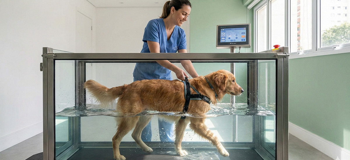 Cão em reabilitação ortopédica caminhando em esteira aquática com acompanhamento de fisioterapeuta veterinária em clínica especializada.