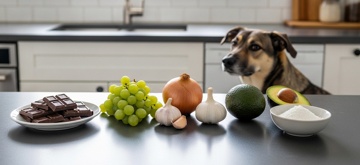 Alimentos perigosos para cães sobre a bancada da cozinha, como chocolate, uvas, cebola, alho, abacate e adoçante, com cão ao fundo observando.