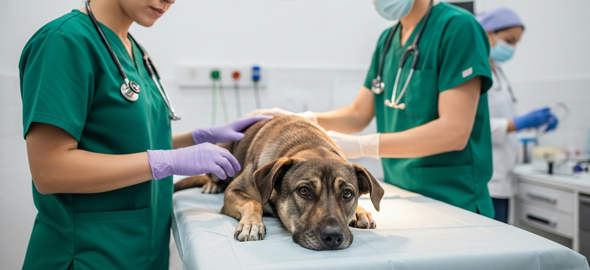 Cão sendo atendido por equipe veterinária em clínica, representando cuidados emergenciais após ingestão de comidas perigosas para cães.