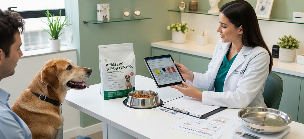 Veterinária apresenta plano nutricional para controle de peso de um cão durante consulta em clínica veterinária moderna.
