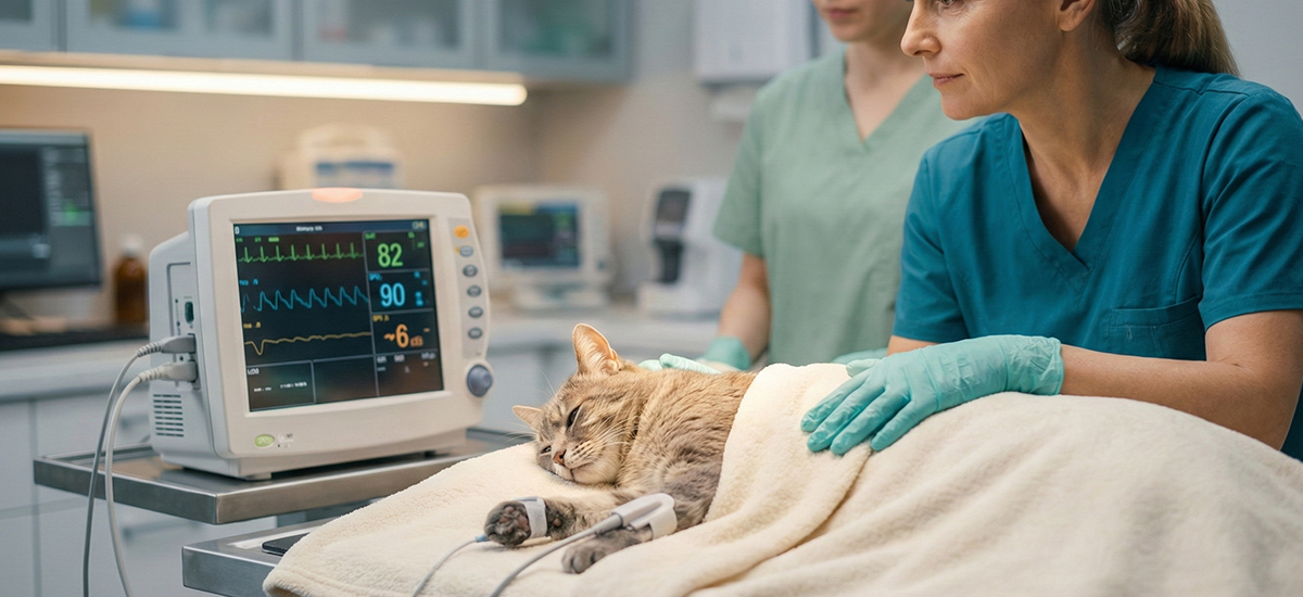Gato sob sedação leve sendo monitorado por veterinária durante exame em clínica moderna, com equipamentos de controle cardíaco e ambiente seguro.
