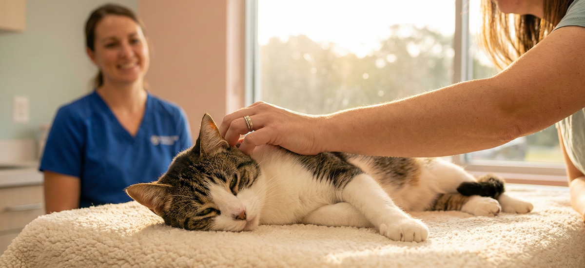 Gato relaxado após sedação leve recebendo carinho da tutora em sala veterinária iluminada, com equipe ao fundo e clima tranquilo.