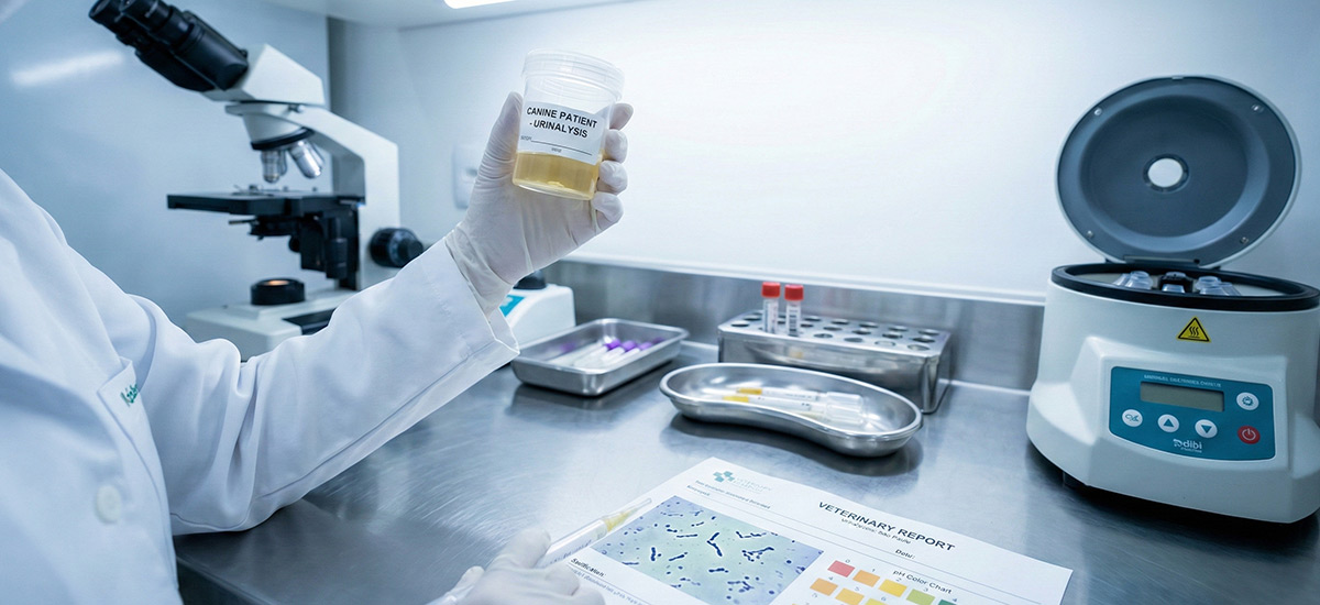 Análise laboratorial veterinária de urina com amostra em frasco sendo examinada em bancada clínica moderna.
