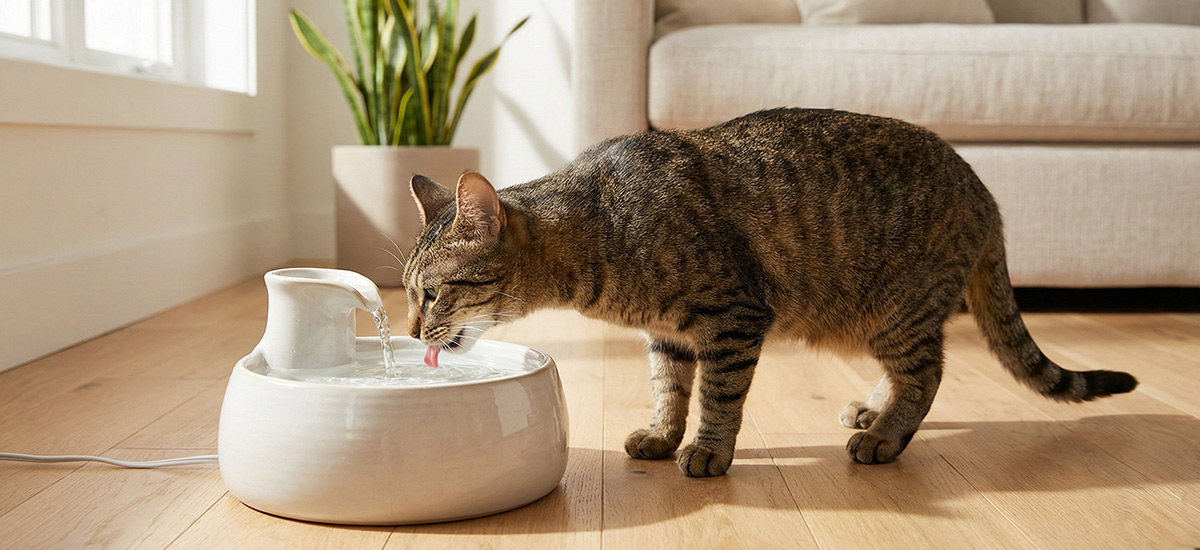 Gato bebendo água em fonte doméstica, estimulando hidratação e prevenção de infecção urinária em pets.