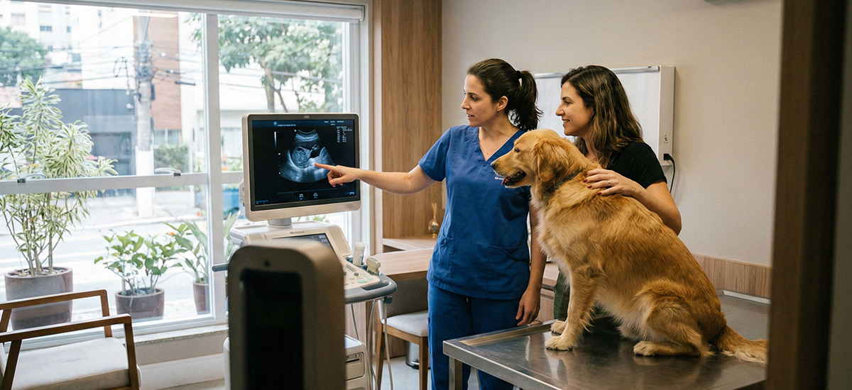 Veterinária explica resultado da ultrassonografia abdominal de um cão ao tutor em clínica veterinária moderna com equipamento de diagnóstico por imagem.