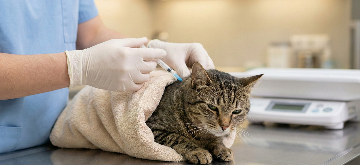 Gato sendo vacinado por veterinário em clínica veterinária, envolto em toalha e em ambiente seguro.