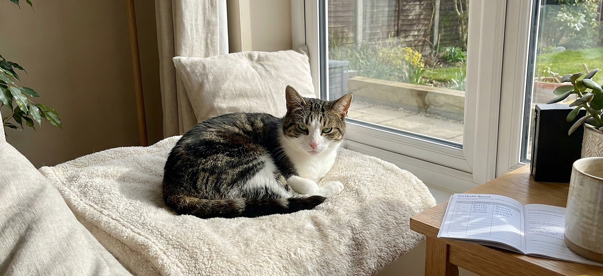 Gato saudável descansando em casa próximo à janela após vacinação, em ambiente iluminado e tranquilo.