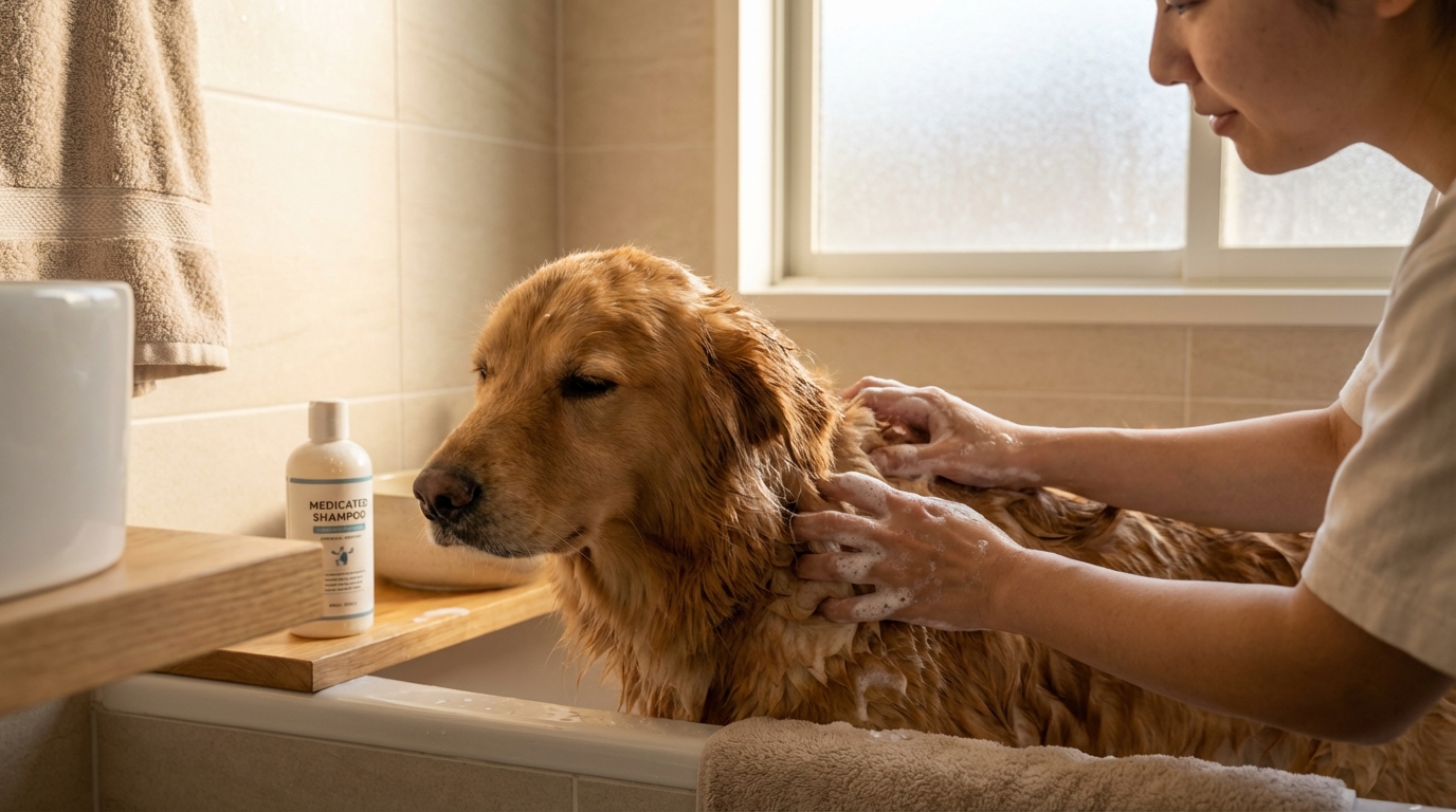Cão sendo lavado com shampoo medicamentoso para tratamento de alergia de pele