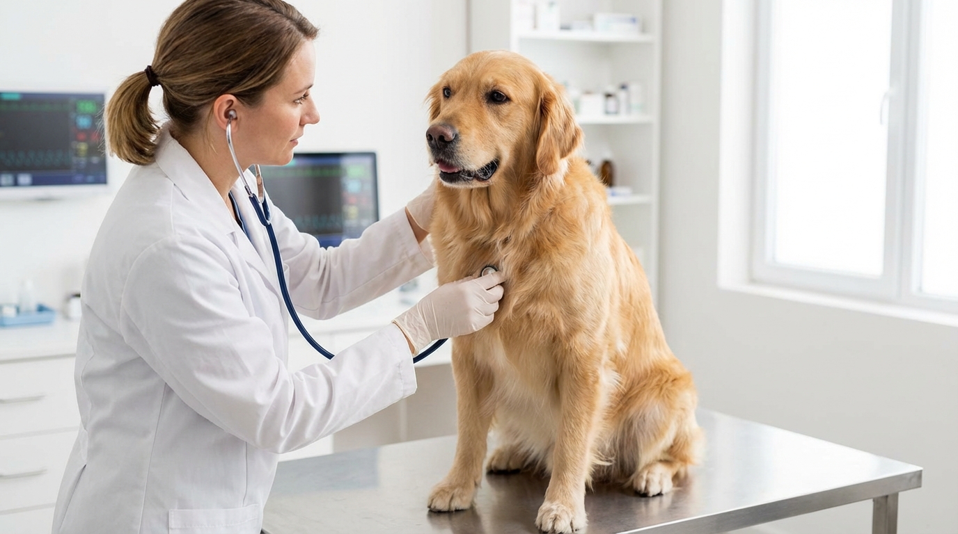 Veterinária examinando cachorro em consulta para diagnóstico de alergia