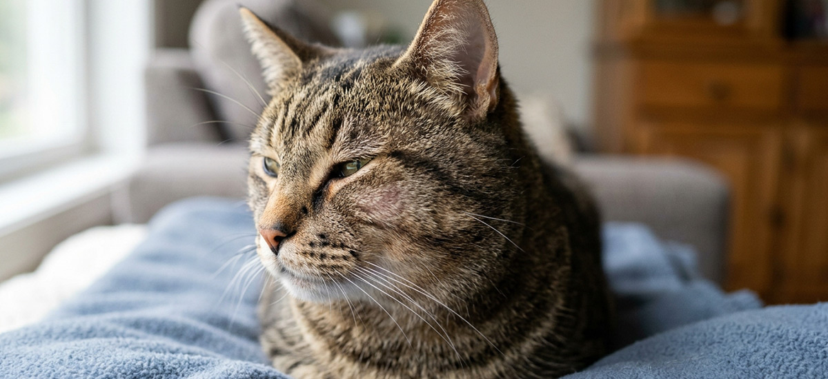 Gato tigrado com leve inchaço na bochecha, sugestivo de abscesso facial, deitado em ambiente doméstico bem iluminado.