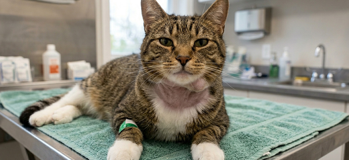 Gato tigrado em mesa de clínica veterinária após tratamento de abscesso submandibular, com área raspada e em processo de recuperação.