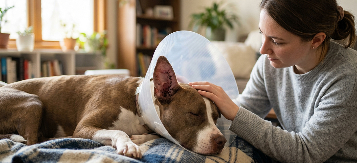 Cão em recuperação após cirurgia de otohematoma usando colar elizabetano enquanto recebe carinho da tutora