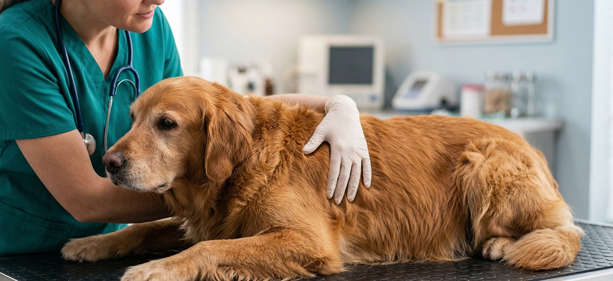 Veterinária realizando avaliação física e nutricional em golden retriever durante consulta veterinária em clínica