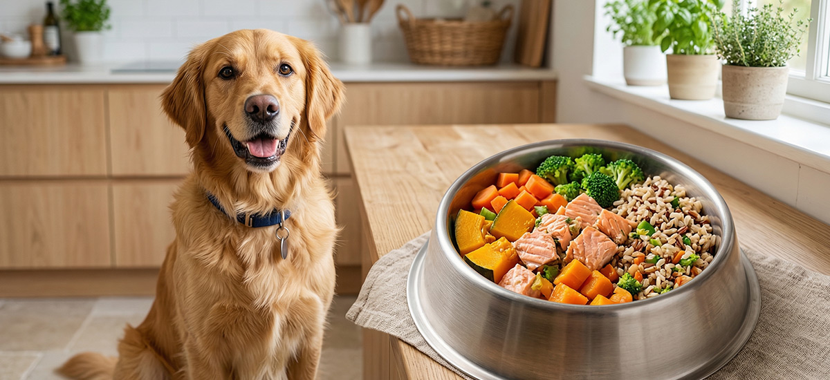 Golden retriever ao lado de tigela com alimentação natural balanceada com salmão, vegetais e grãos em cozinha iluminada