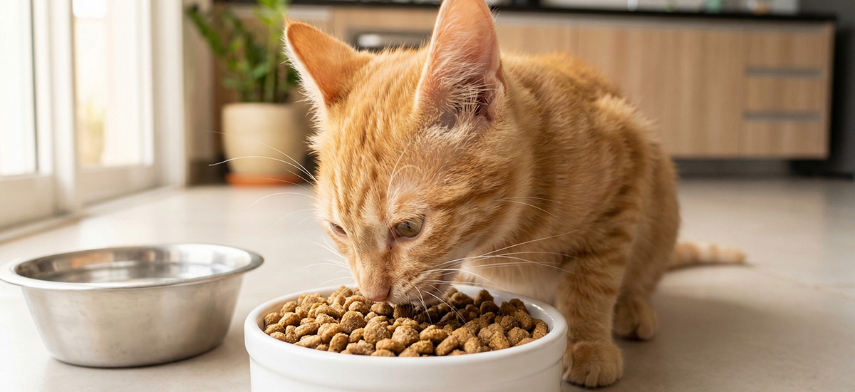 Filhote de gato laranja comendo ração em tigela em ambiente doméstico iluminado, representando alimentação adequada para crescimento saudável