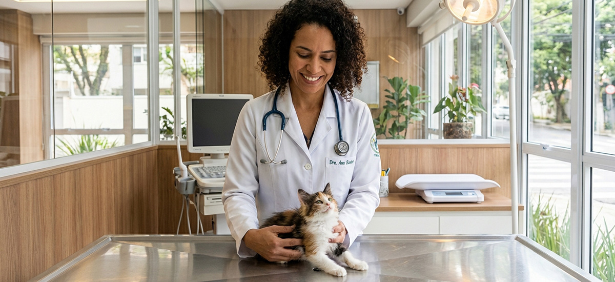Médica-veterinária examinando filhote de gato em clínica moderna em São Paulo, destacando cuidados veterinários essenciais nos primeiros meses de vida