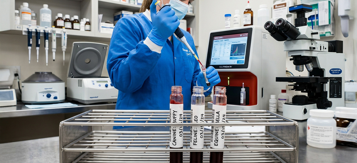 Laboratório veterinário analisando amostras para exames de sangue veterinários com tubos e equipamentos de diagnóstico.