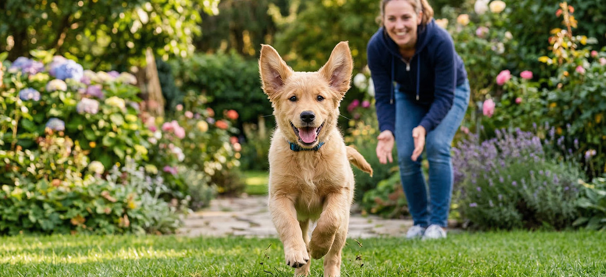 Filhote de cachorra correndo em direção à dona em um jardim florido após ser chamada pelo nome