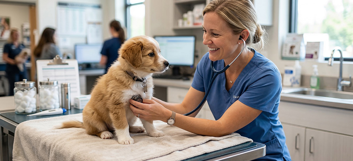 Filhote de cachorra sendo examinada por veterinária em consulta de rotina em clínica veterinária