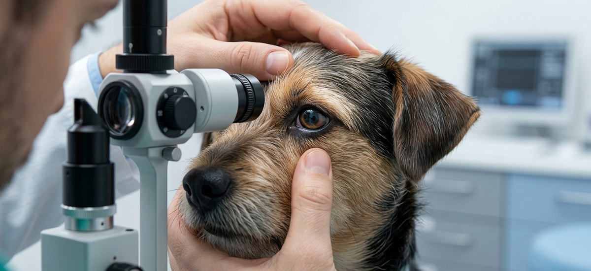 Exame oftalmológico veterinário em cão com uso de equipamento especializado para avaliação ocular