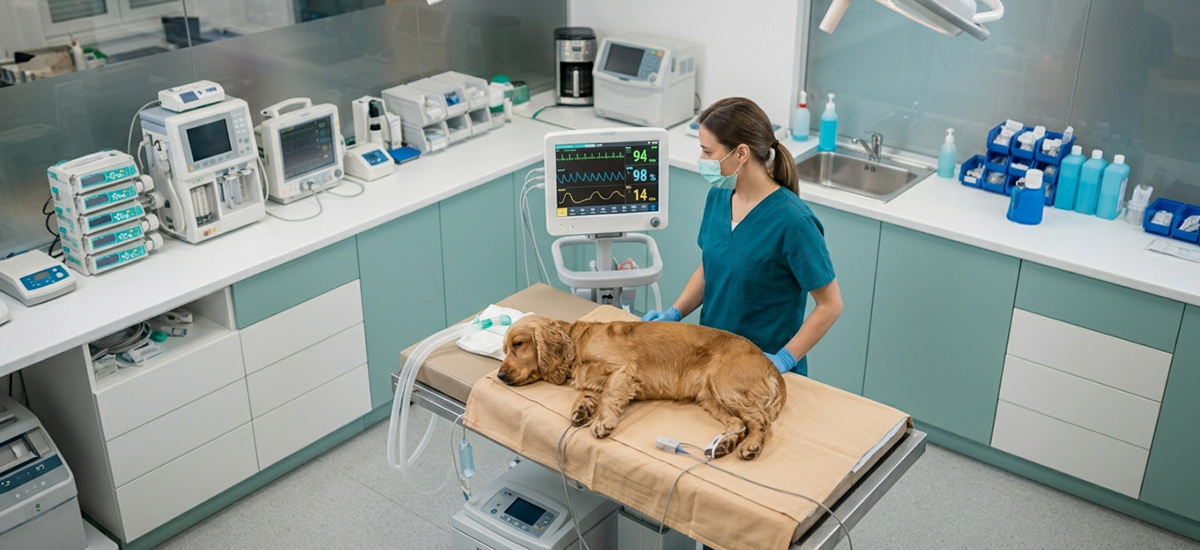 Cão sob sedação sendo monitorado durante exame veterinário com equipamentos de controle de sinais vitais