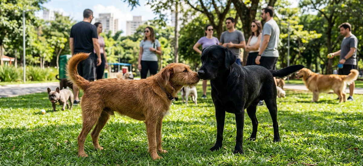 Cães interagindo em parque urbano em São Paulo, ambiente comum de exposição a doenças contagiosas