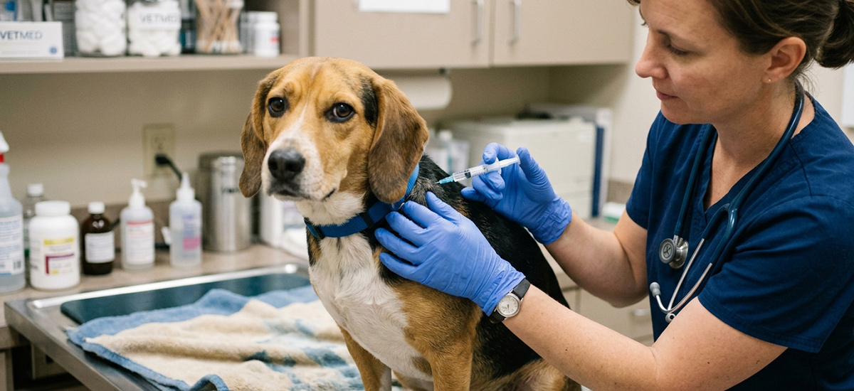 Veterinária aplicando vacina em cão durante atendimento clínico com segurança e acompanhamento profissional
