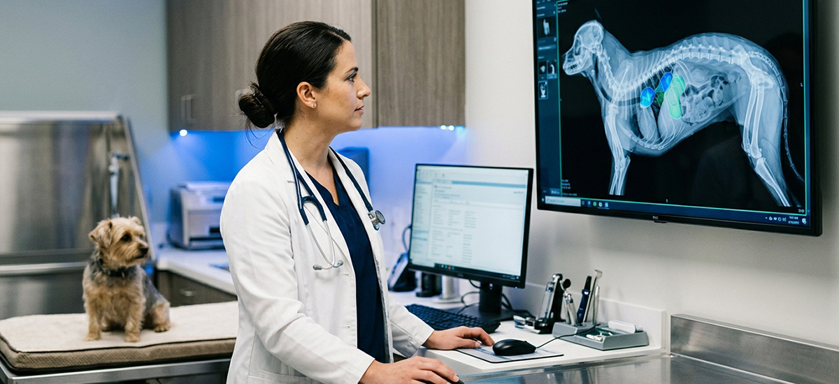 Veterinária analisando exame de imagem para diagnóstico de câncer em cachorro durante consulta oncológica