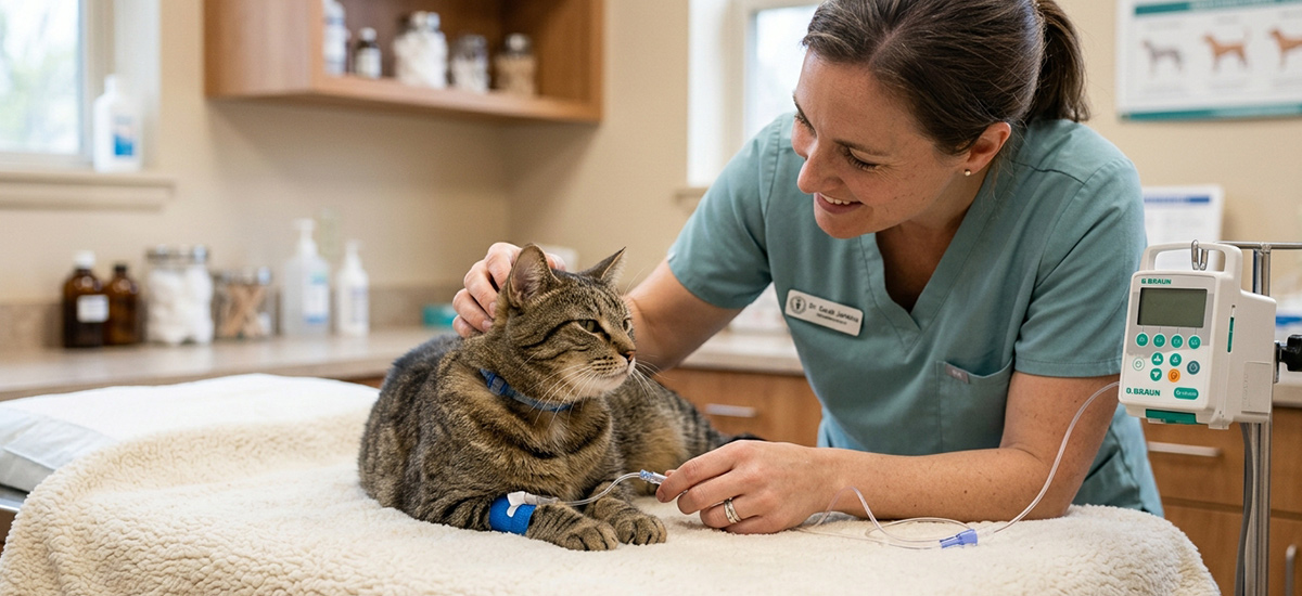 Veterinária realizando tratamento oncológico em gato com aplicação de medicação em clínica veterinária
