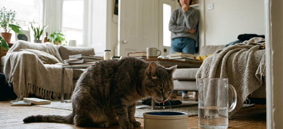 Gato bebendo água em casa, sinal comum de possível problema renal em pets