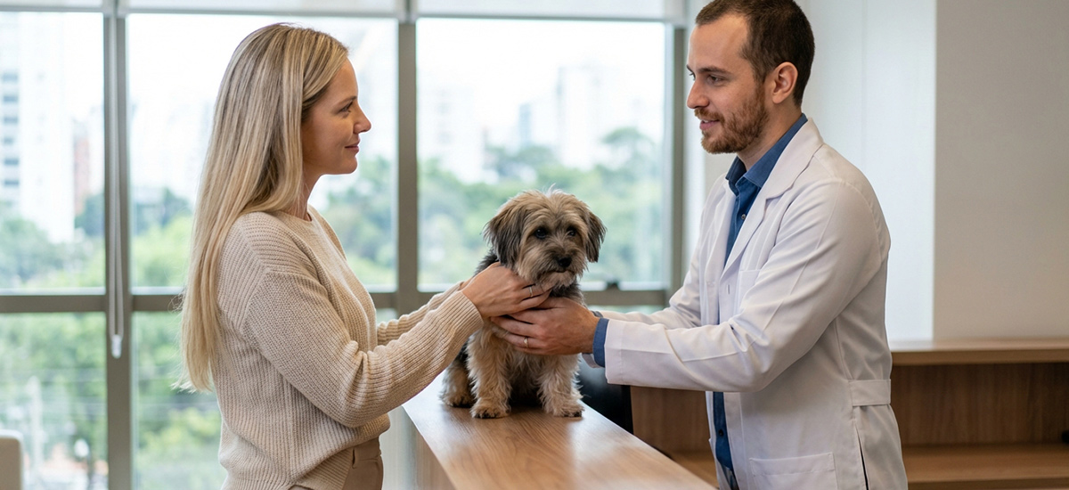 Tutora entrega cachorro para veterinário em clínica em São Paulo para avaliação de saúde renal