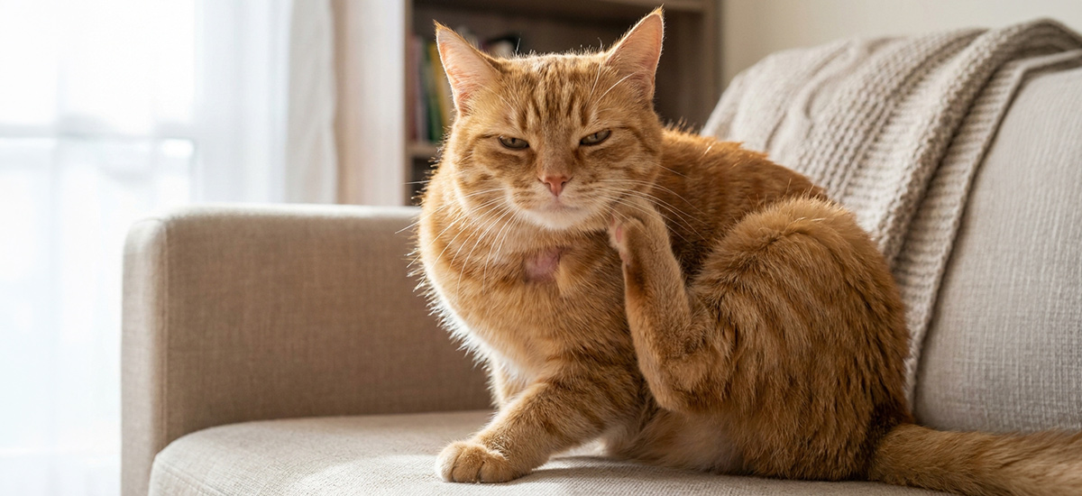 Gato se coçando devido a infecção de pele, mostrando sinais de irritação e desconforto