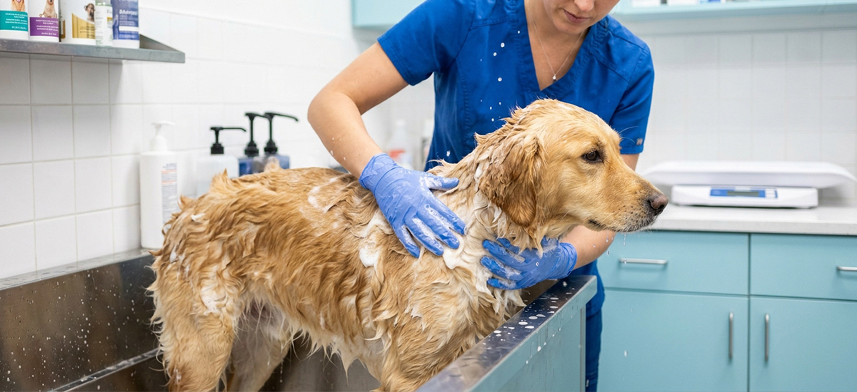 Tratamento de infecção de pele em cachorro com banho dermatológico realizado por veterinário em clínica