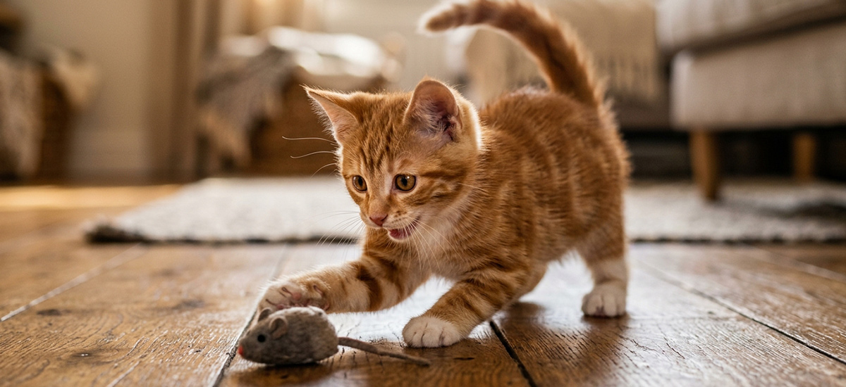 Gatinho laranja brincando com brinquedo de rato no chão de madeira em ambiente doméstico