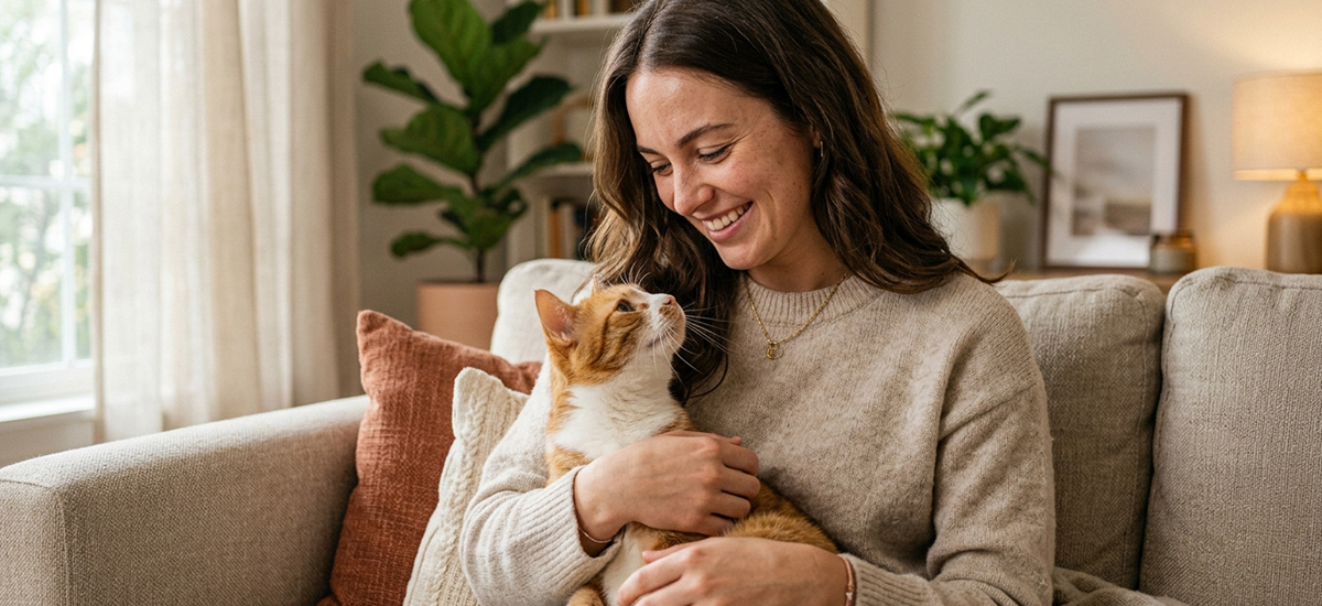 Mulher sorrindo enquanto segura seu gato no sofá, demonstrando carinho e conexão entre tutor e pet